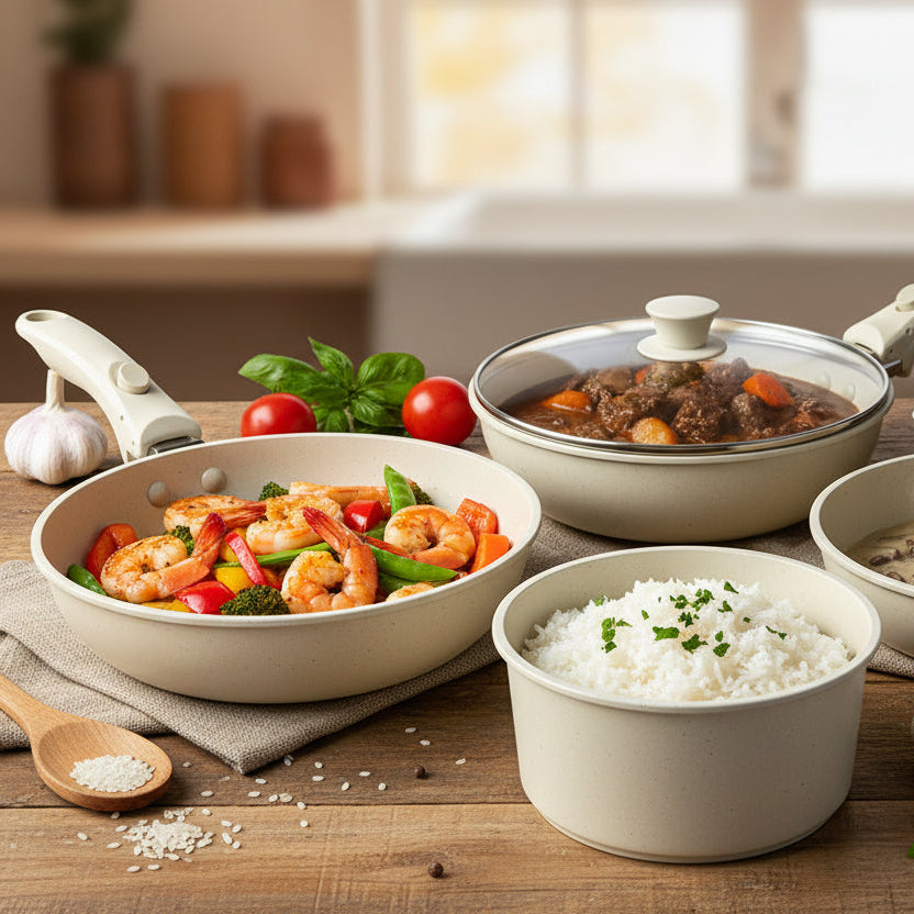 The Rose Quartz 5-Piece Light Forged Cookware Set with Detachable Cream Handle