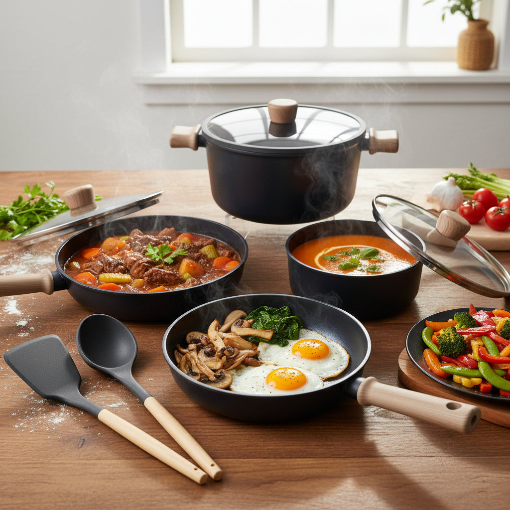 The Citron Minimalist 9-Piece Light Forged Cookware Suite (with Detachable Cream Handles)