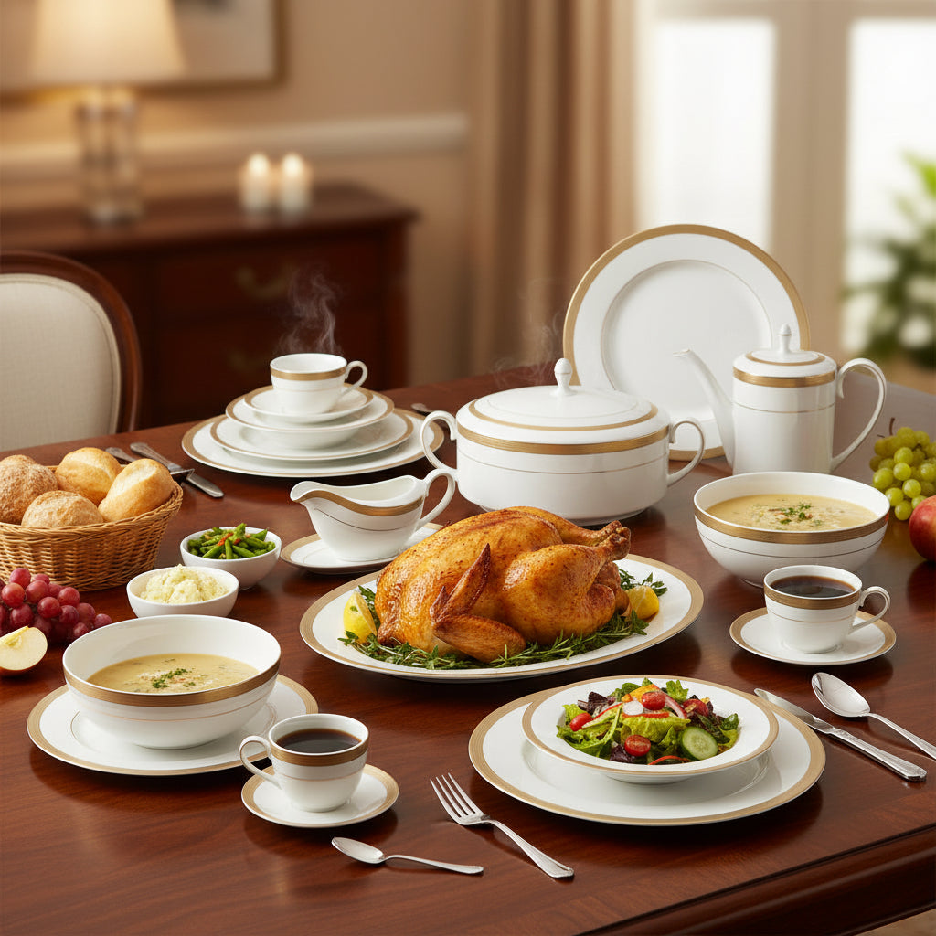 The Regal Minimalist Opal Collection (Peacock Feather 127-Piece Bangladesh Dinner Set)