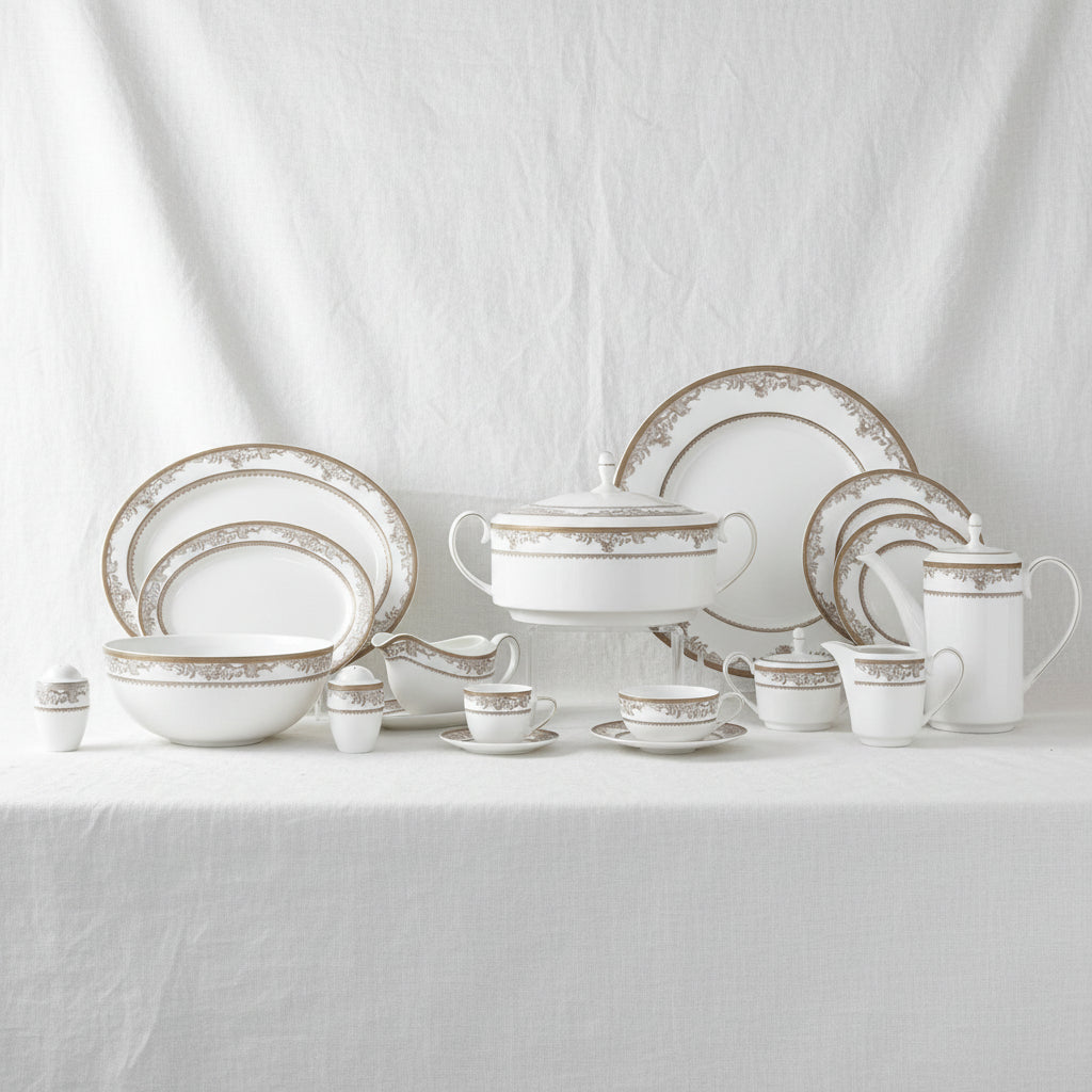The Crown Minimalist Gold Collection (Matt Gold White 128-Piece Bangladesh Dinner Set)