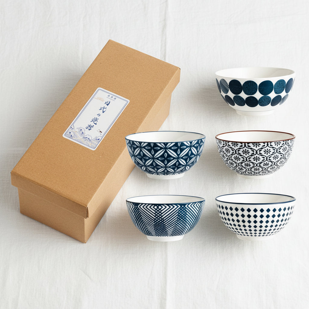 Bohemian Blue/White Porcelain Bowl Set 5Pcs