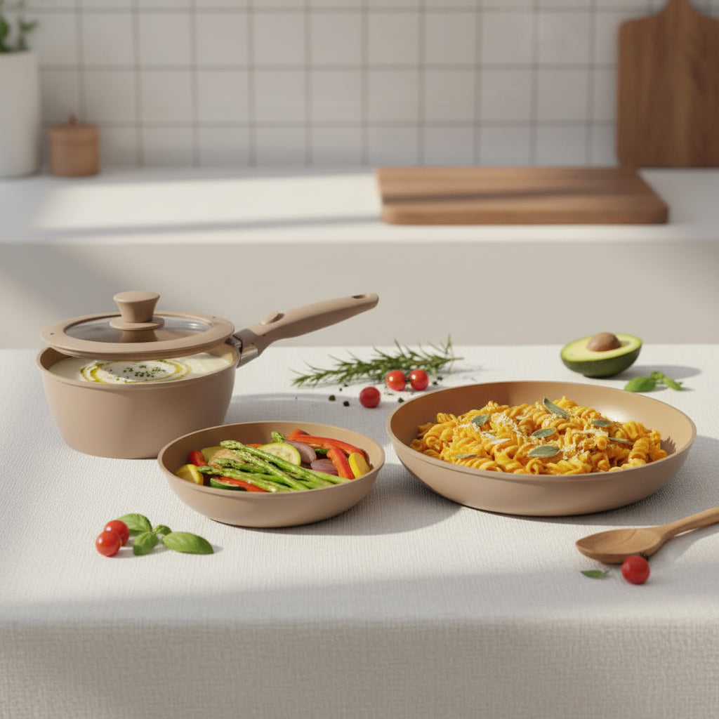 The Rosea 5-Piece Light Forged Cookware Set with Detachable Cream Handle