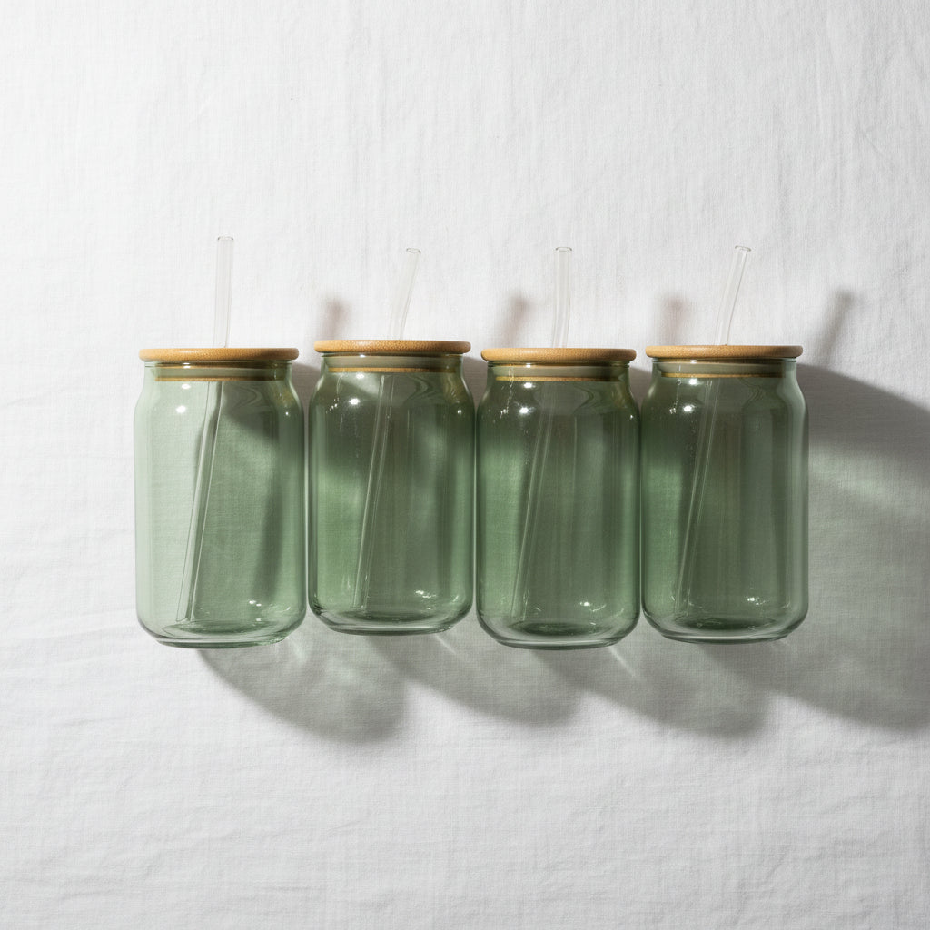 Trendy Multi-Colored Can-Shaped Glass Cup Set with Wooden Lids & Straws
