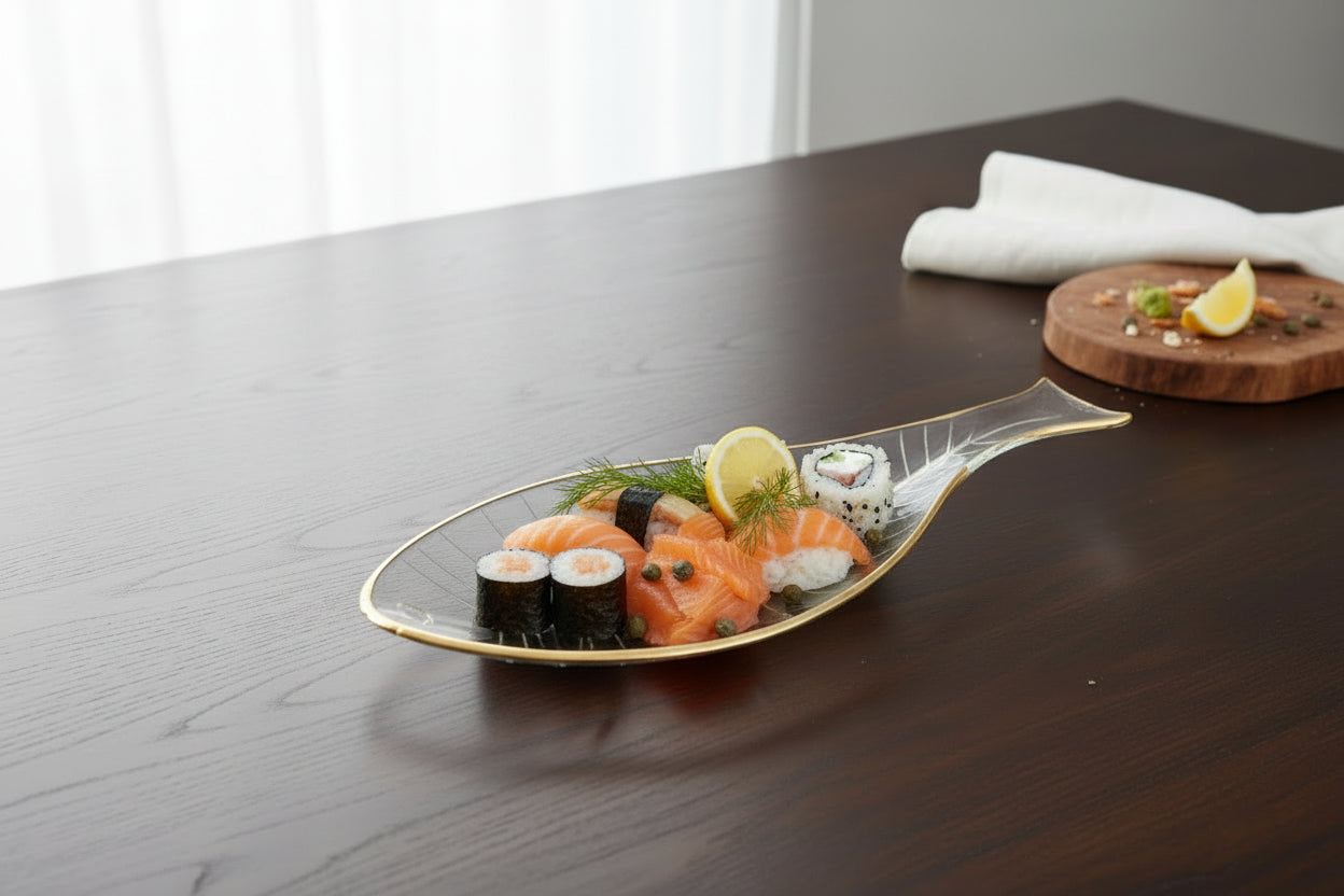 Fish-Shaped Glass Serving Platter with Golden Rim (38.9cm)