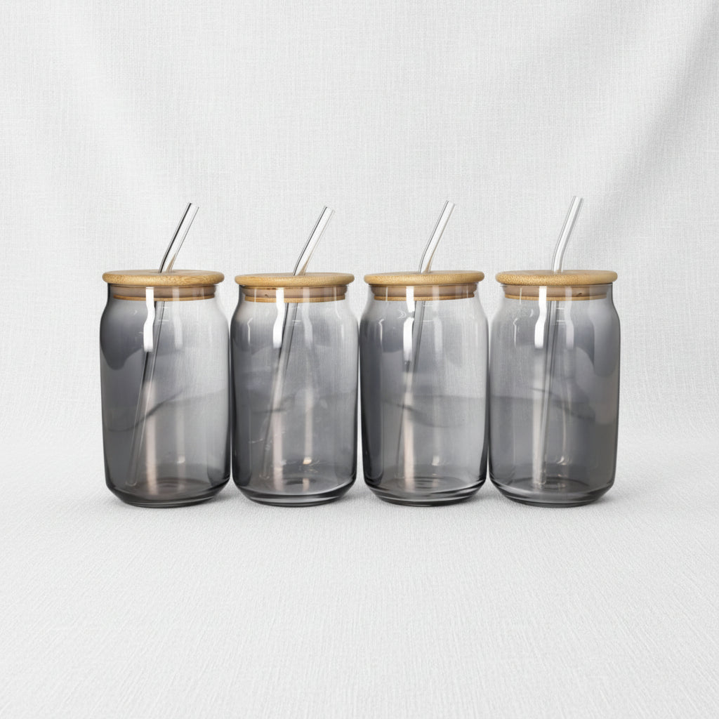 Trendy Can-Shaped Glass Cup Set with Wooden Lids & Straws (9-Piece)
