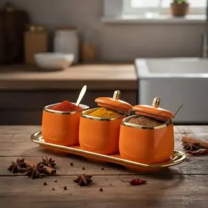 Glass/Ceramic Spice Jar Set with Tray 3 Pcs