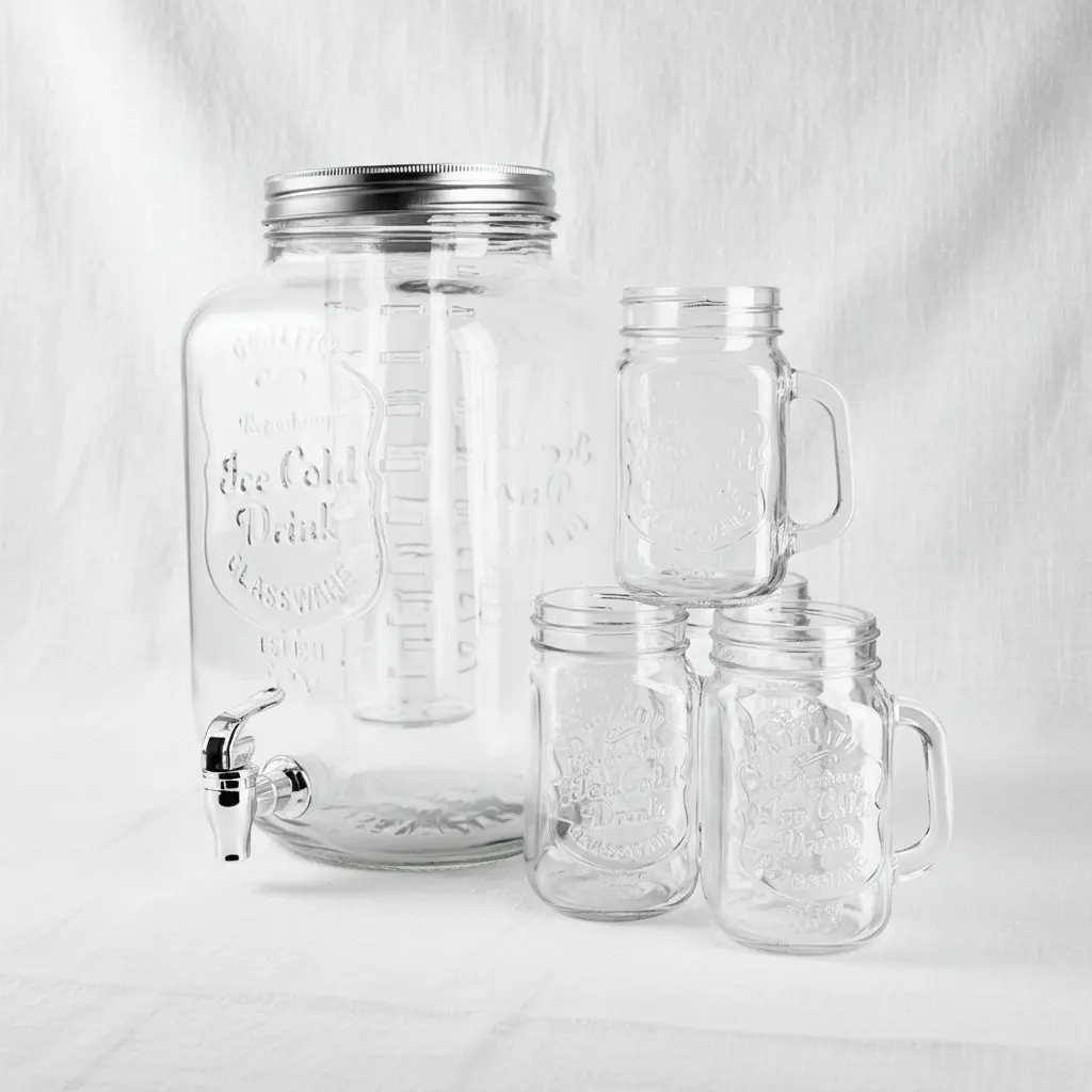 Grand 7.8L Glass Beverage Dispenser Set with Stand & 4 Mason Jars