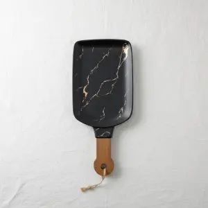 The Onyx Minimalist Porcelain Black Serving Plate (with Hardwood Handle)