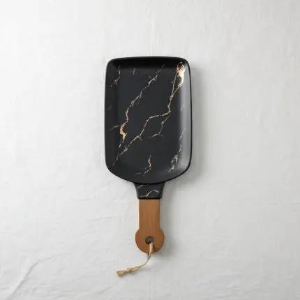 The Onyx Minimalist Porcelain Black Serving Plate (with Hardwood Handle)