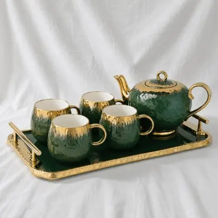 Serene Botanical Green Ceramic Tea Set with Teapot and Serving Tray