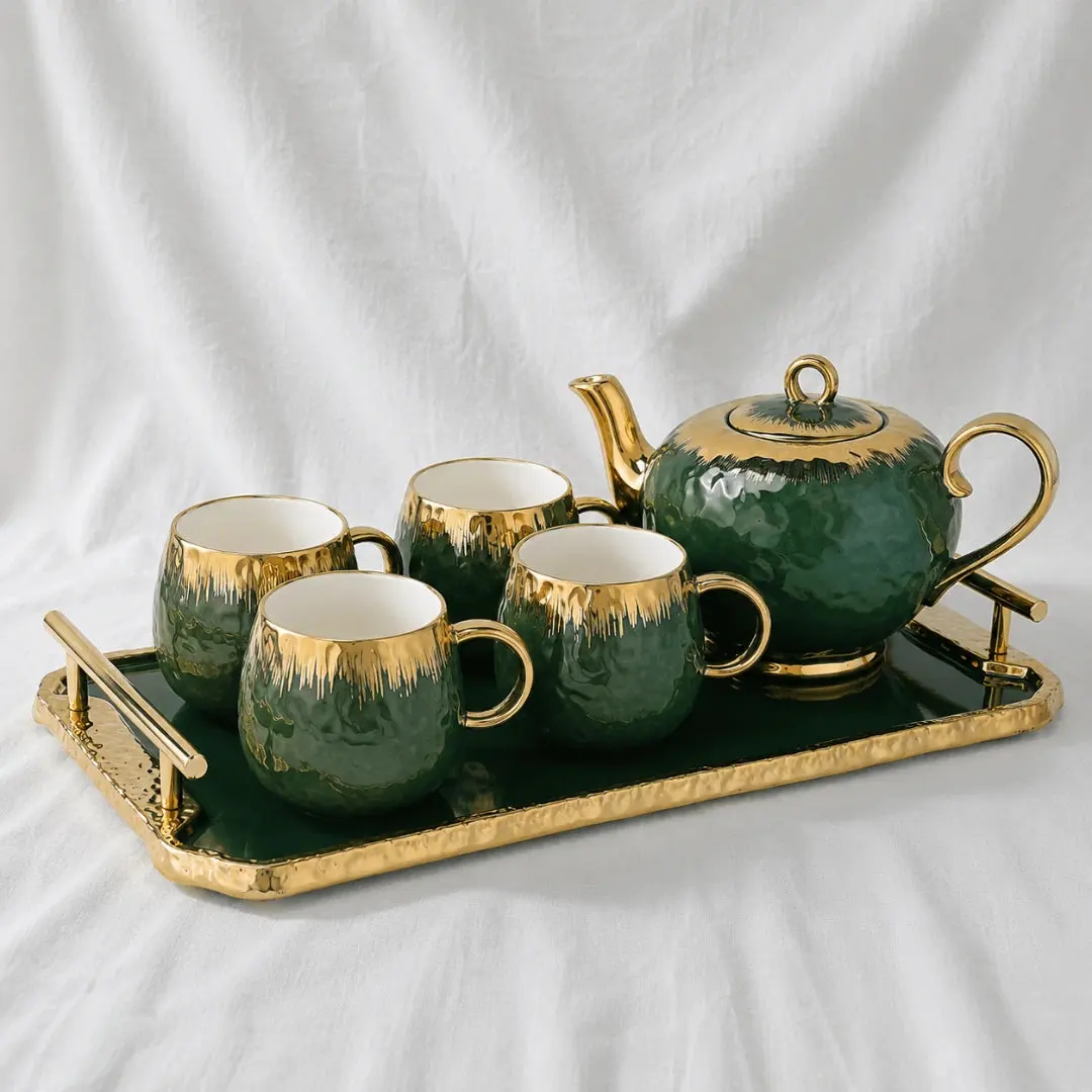 Serene Botanical Green Ceramic Tea Set with Teapot and Serving Tray