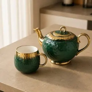 Serene Botanical Green Ceramic Tea Set with Teapot and Serving Tray