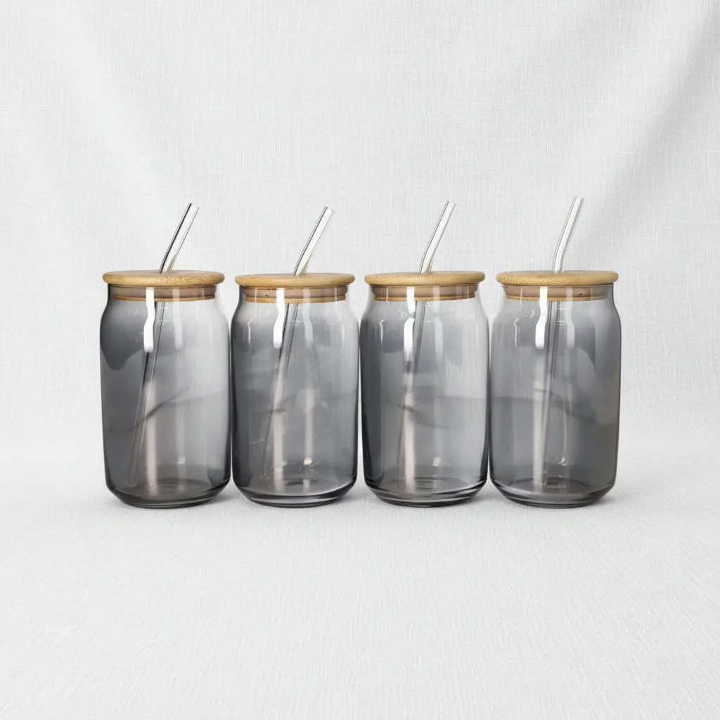Trendy Can-Shaped Glass Cup Set with Wooden Lids & Straws (9-Piece)