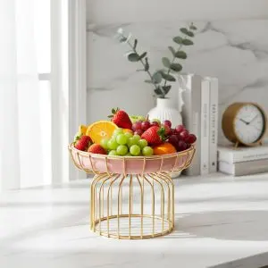 Elegant Pink Porcelain Fruit & Dessert Display Plate with Luxury Gold Stand (25cm)
