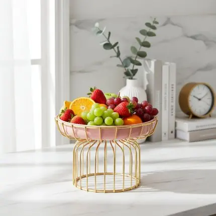 Elegant Pink Porcelain Fruit & Dessert Display Plate with Luxury Gold Stand (25cm)