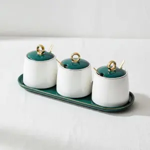 The Botanical Harmony 3-Piece White & Green Spice Canister Set