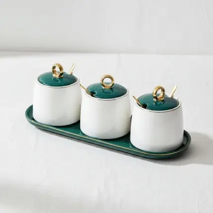 The Botanical Harmony 3-Piece White & Green Spice Canister Set