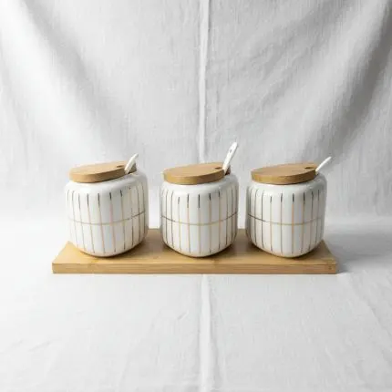 The Minimalist Culinary Sanctuary (La Maya White/Gold Stripes 3 Pcs Spice Set W/Tray)