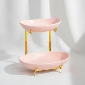 Elegant Blush Pink 2-Tier Serving Plate with Lid & Metal Holder