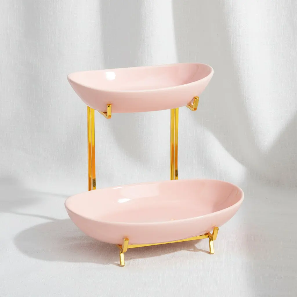 Elegant Blush Pink 2-Tier Serving Plate with Lid & Metal Holder