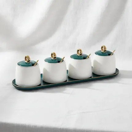 White/Green Spice Set With Lid 4Pcs