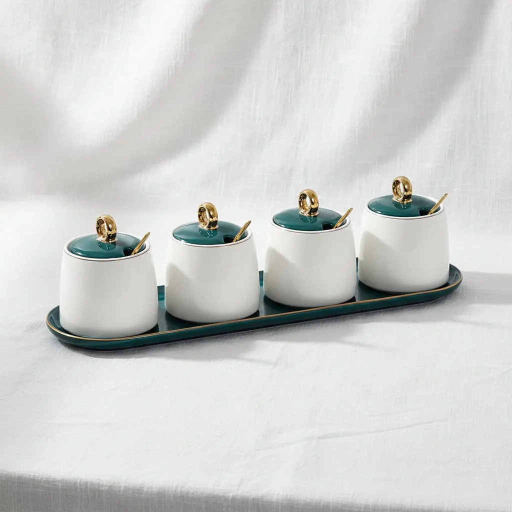 White/Green Spice Set With Lid 4Pcs