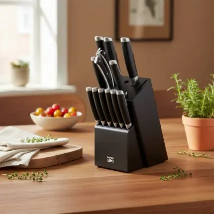 The Graphite 13-Piece Master Culinary Knife Block Set with Black Rubberwood Storage