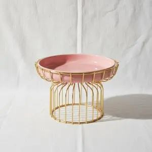 Elegant Pink Porcelain Fruit & Dessert Display Plate with Luxury Gold Stand (25cm)