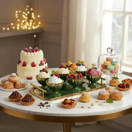 Luxurious Emerald Green Glass & Gold Jelly Dessert Set with Serving Tray