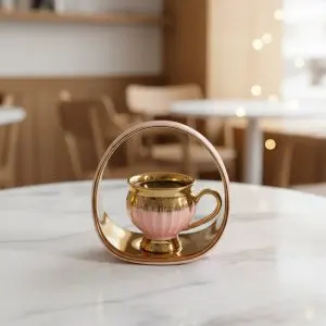 Gold/Pink Coffee Set of 6Pcs W/Handled Plate