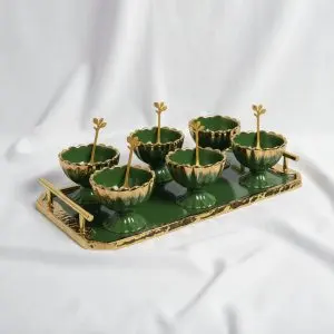 Luxurious Emerald Green Glass & Gold Jelly Dessert Set with Serving Tray