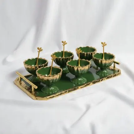 Luxurious Emerald Green Glass & Gold Jelly Dessert Set with Serving Tray