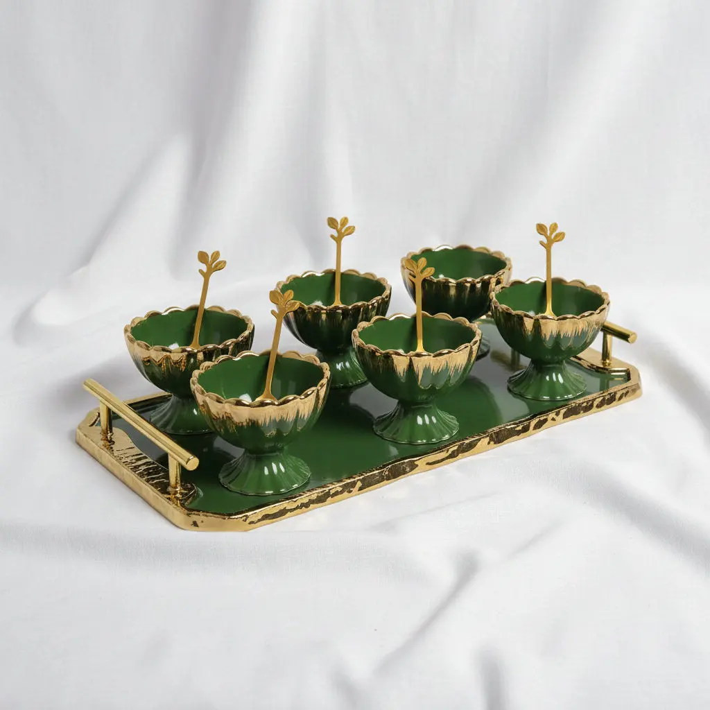 Luxurious Emerald Green Glass & Gold Jelly Dessert Set with Serving Tray