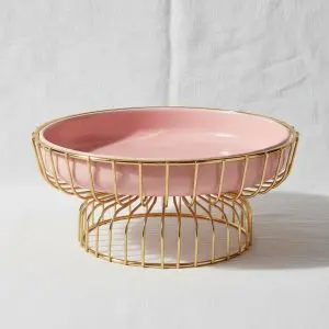 Luxurious Pink Porcelain Fruit Plate on Elegant Golden Stand