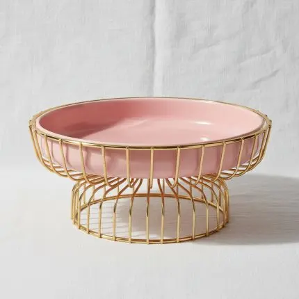 Luxurious Pink Porcelain Fruit Plate on Elegant Golden Stand