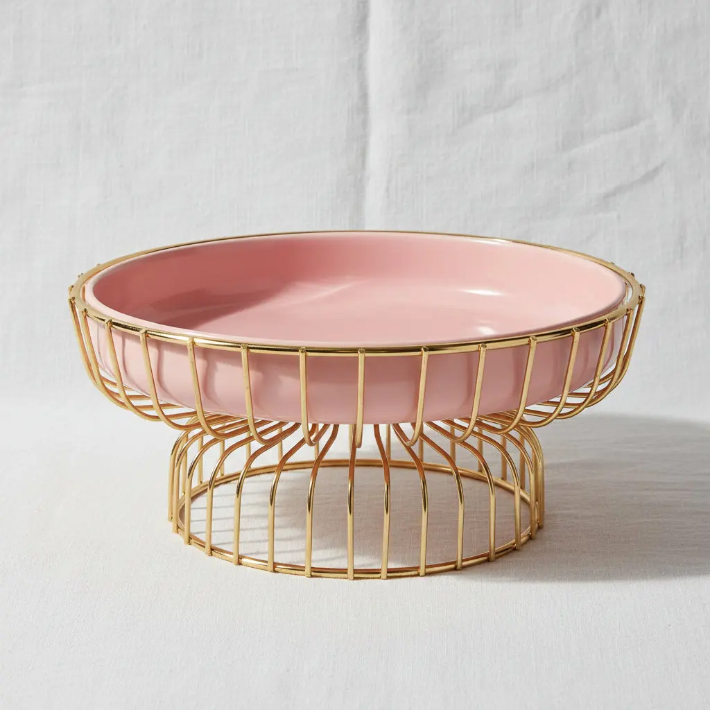 Luxurious Pink Porcelain Fruit Plate on Elegant Golden Stand