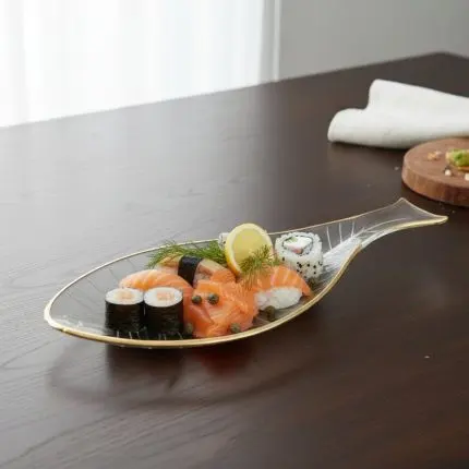 Fish-Shaped Glass Serving Platter with Golden Rim (38.9cm)