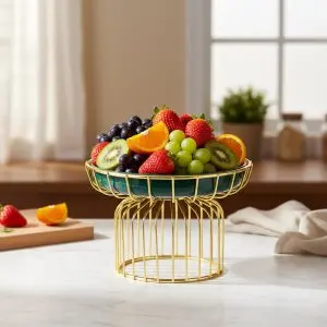 Opulent Emerald Green Fruit Plate with Luxury Gold Stand (25cm)