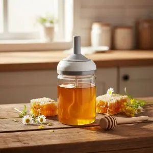 The Amber Flow Premium Glass Honey Jar with Integrated Lid & Spoon