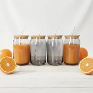 Trendy Can-Shaped Glass Cup Set with Wooden Lids & Straws (9-Piece)