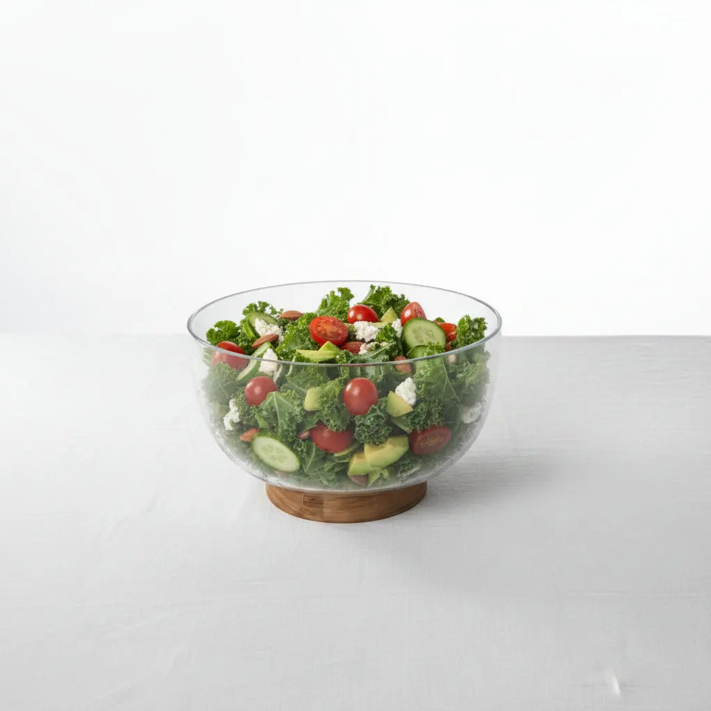 Glass Salad Bowl with Acacia Wood Base