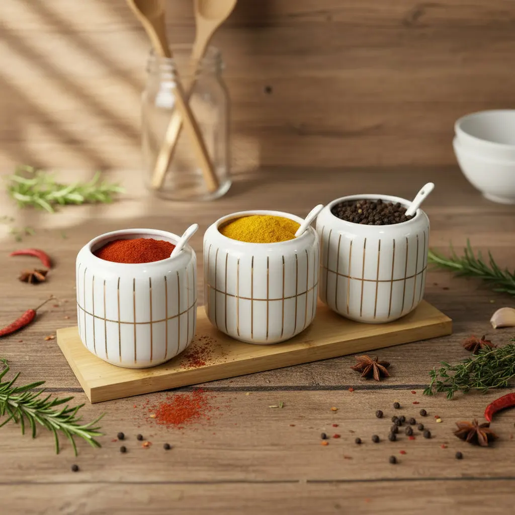 The Minimalist Culinary Sanctuary (La Maya White/Gold Stripes 3 Pcs Spice Set W/Tray)